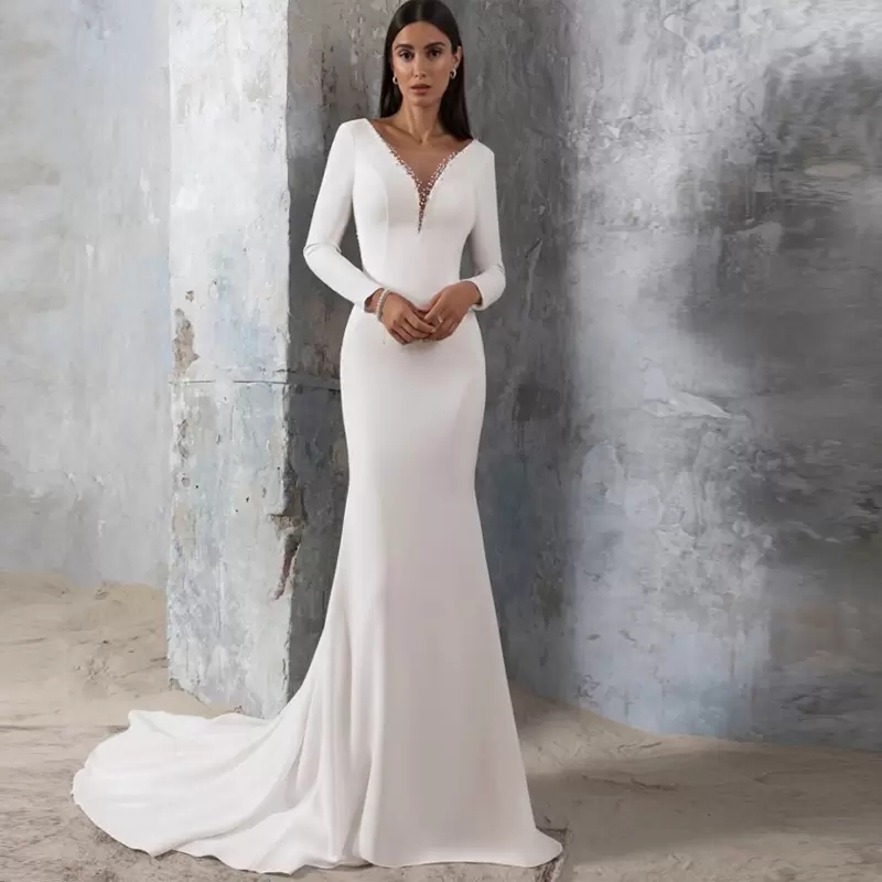 2022 Mermaid Wedding Dresses Soft Satin Elegant V-Neck Beading Open Back Sweep Train Bridal Gowns Dubai Vestidos De Novia