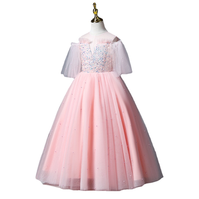 2022 blingbling Beautiful Pink Flower Dresses for Weddings sequined Pretty Formal Girls Gowns Cute Satin Puffy Tulle Pageant Dress Spring