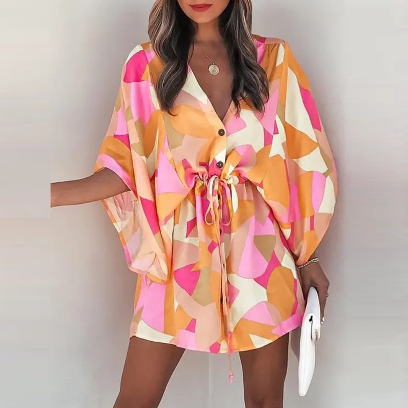 Summer Fashion Printed Sexy V Neck Buttons Drawstring Party Dress Ladies Casual Bat Sleeve Mini Women Elegant es 220629