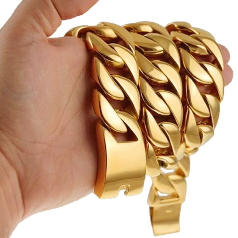 Big Heavy 31MM Wide Shiny Cuban Link Necklace Men Hip Hop Stainless Steel Chunky Miami Curb Chains Hand-polished Casting Bracelet Hip Hop Wolf Tide Pu