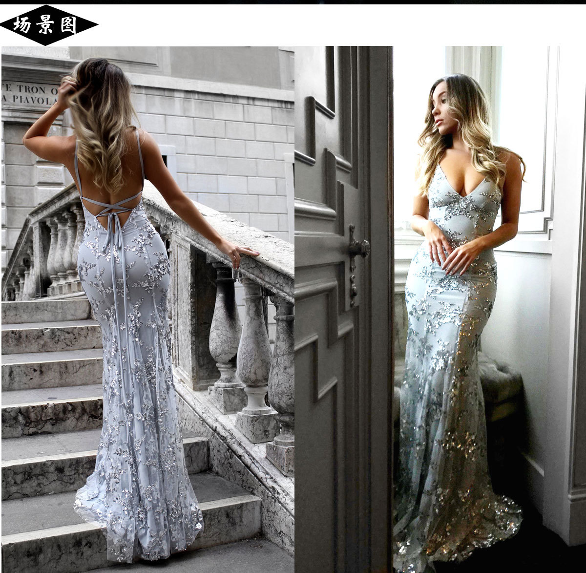 Cosy Evening Dress Latest Party Cocktai Prom V-Neck Backless Women Sexy Spaghetti Strap Sleeveless Sequined Maxi vestido