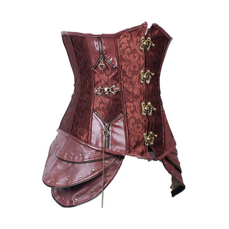 Retro Steampunk Underbust Corset Brown Brocade Jacquard Slimming Belly Sheath Waist Trainer Cincher Women Steel Bone Leather Body Shaper S-3XL