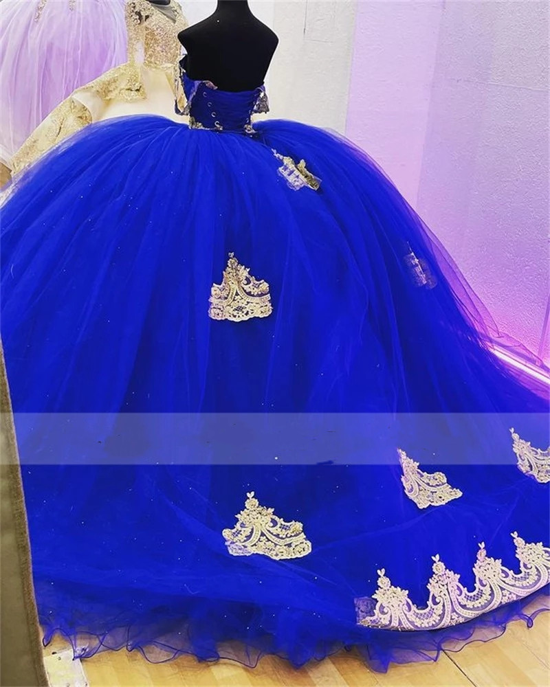 Royal Blue Off Shoulder Quinceanera Dresses Beads Crystal Appliques Princess Sweet 16 Dress Graduation Gowns Vestidos De 15 Anos