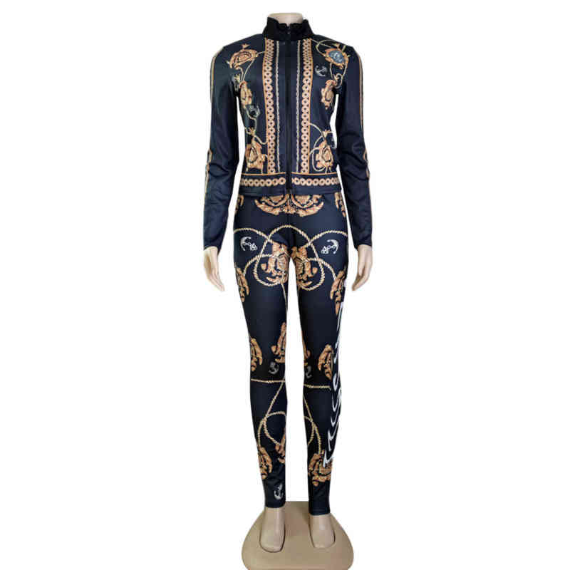 J2720 Women sports tracksuits Luxury Fashion Temperament Commuter Casual Printed Zipper Top Trousers Two-piece Set