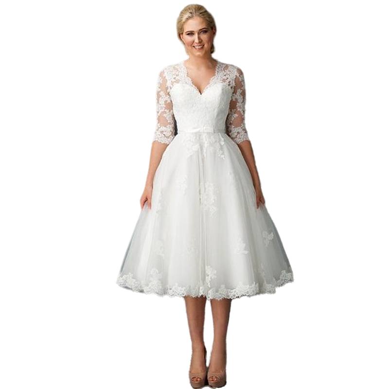 Elegant Tea Length A Line Wedding Dress V-Neck 1/2 Long Sleeve Tulle Bridal Gowns Plus Size Vintage Ivory Country Garden Robe De mariée 2022 Custom ma