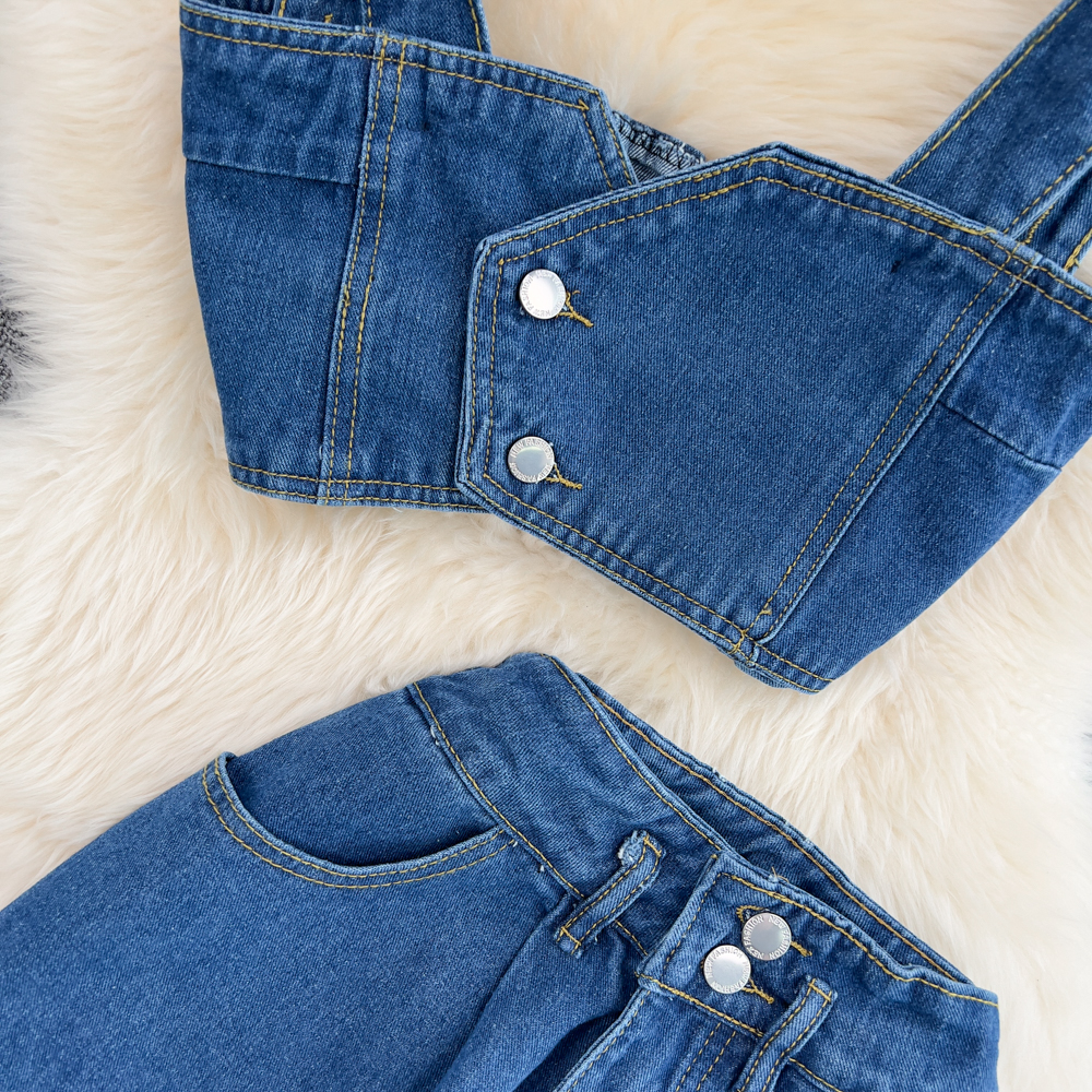 New design womens short spaghetti strap denim jeans bustier vest and wide leg long pants 2 pcs twinset SML