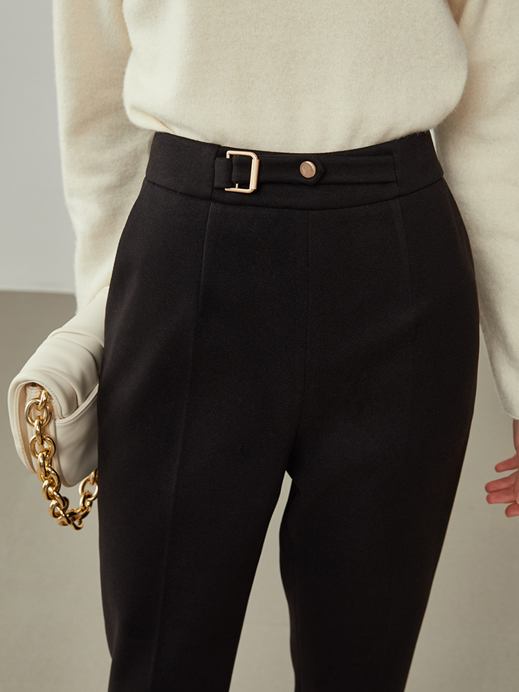 FSLE Women's Winter Nine-point Thick Woolen Trousers Black Straight-leg Suit Slack Waist Decoration Beige Pants 220325