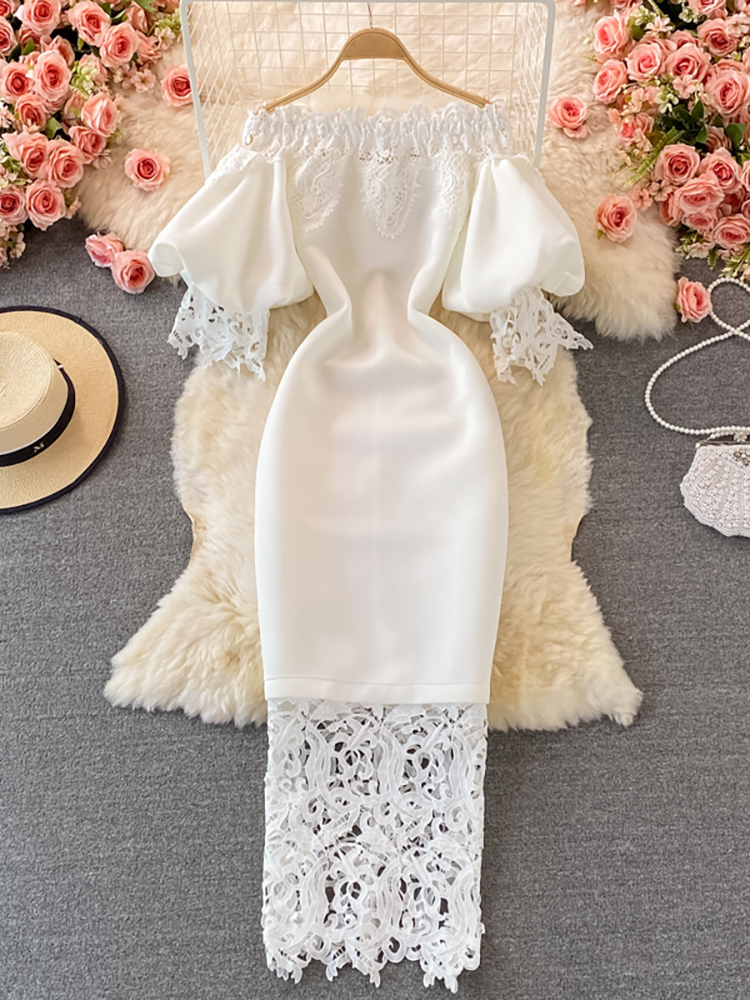 Sexy Hollow Out Lace Bodycon Long Dress Women Elegant Red/Pink/White Off Shoulder Patchwork Maxi Party Vestidos Autumn 220406