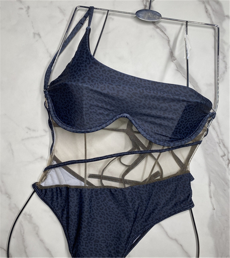 One Shoulder Leopard Swimsuits Padded Push Up Women's Swimwear Outdoor Beach Swimming Bandage One-piece Swimsuits