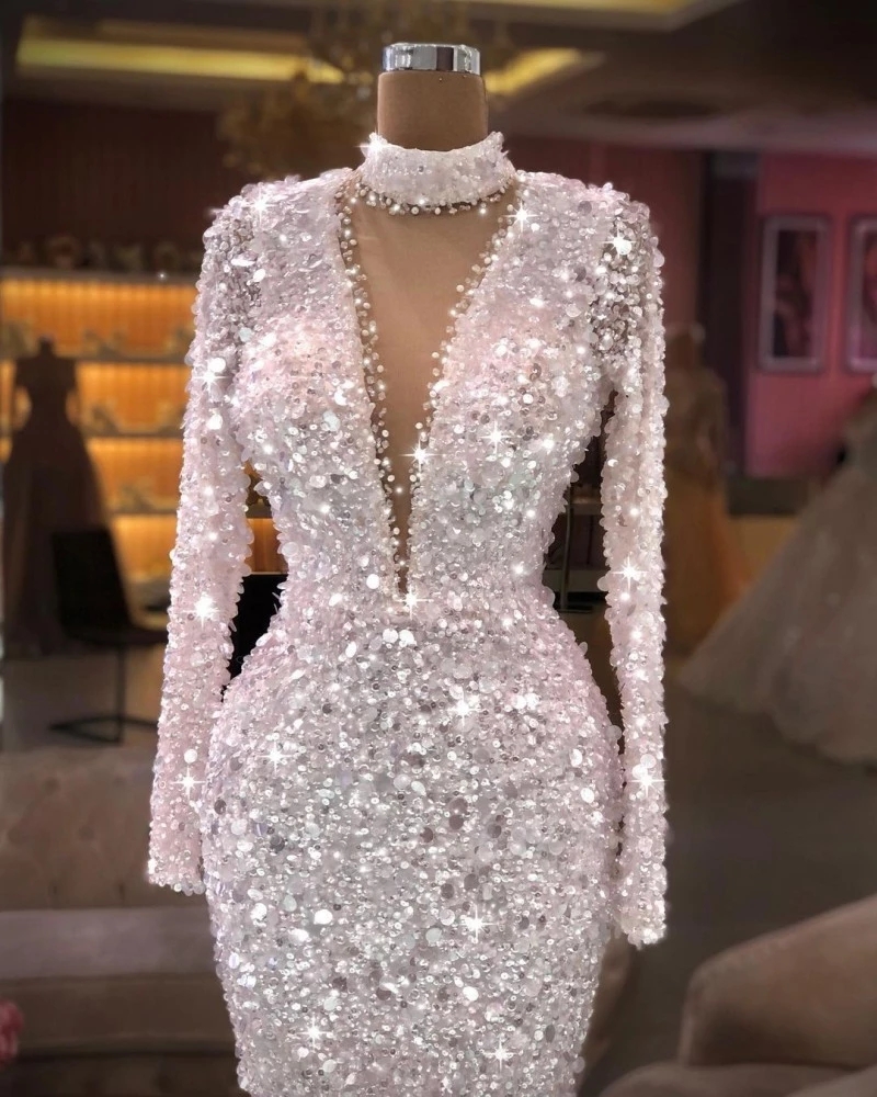 White Sequin Evening Dresses Long Sleeves High Neck Beading Mermaid Dinner Dress For Women Prom Party Wear Robe Femme Soiree 322