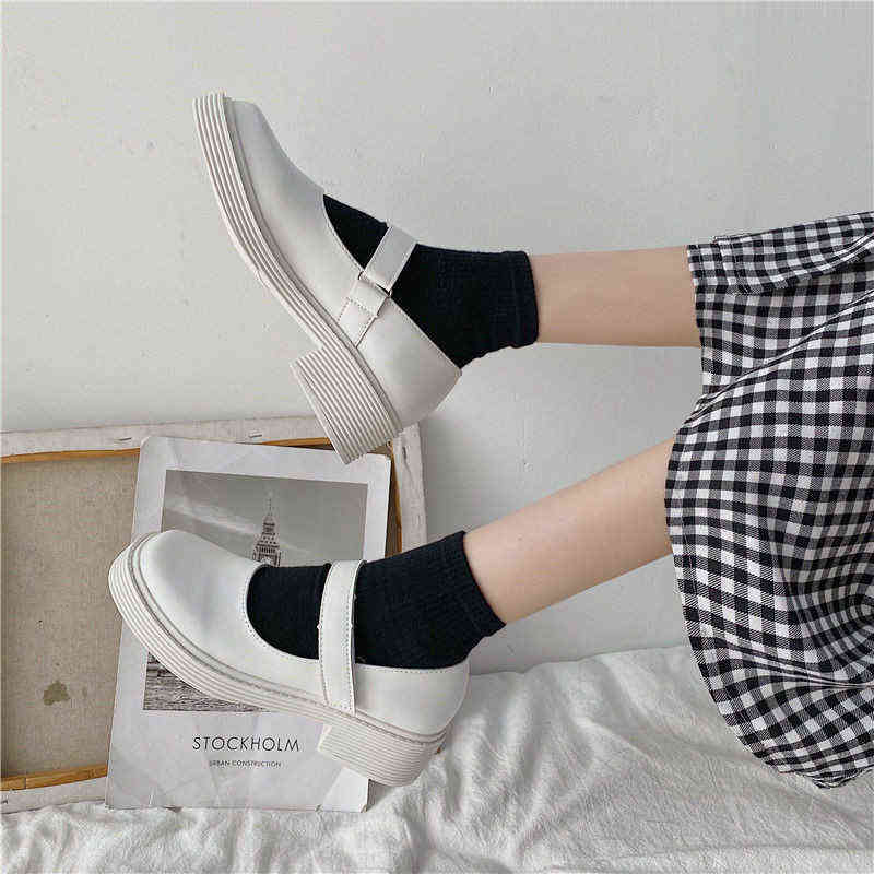 Dress Shoes Gothic Chunky Platform Wedges Mary Jane Women White Black Leather Low Heels Sandals Ladies Lolita Flats Fashion Loafers 220518