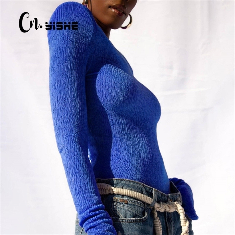 CNYISHE Elegant Shoulder Pads Knitted Casual T-shirt Autumn O Neck Elastic Stretchy Tees Tops Slim Fitted Shirt Woman Tee 220328