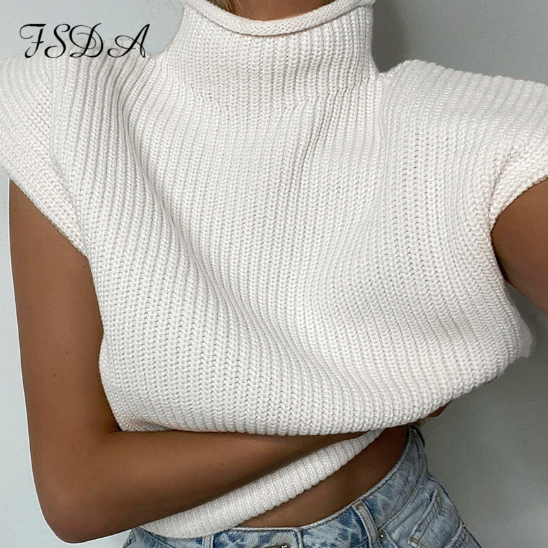 FSDA Turtleneck Sleeveless Vest Sweater Women With Shoulder Pads Knitted Pullover Autumn Winter Jumper Casual Tops Fashion 220629
