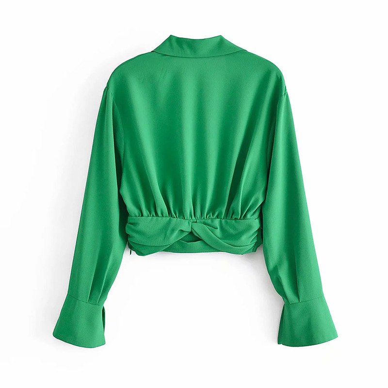 XIKOM Summer Women Vintage Elegant Green Shirt Female Sexy V Neck Streetwears Blouses Casual Tie Slim Shirt Chic Blusas Top 220407