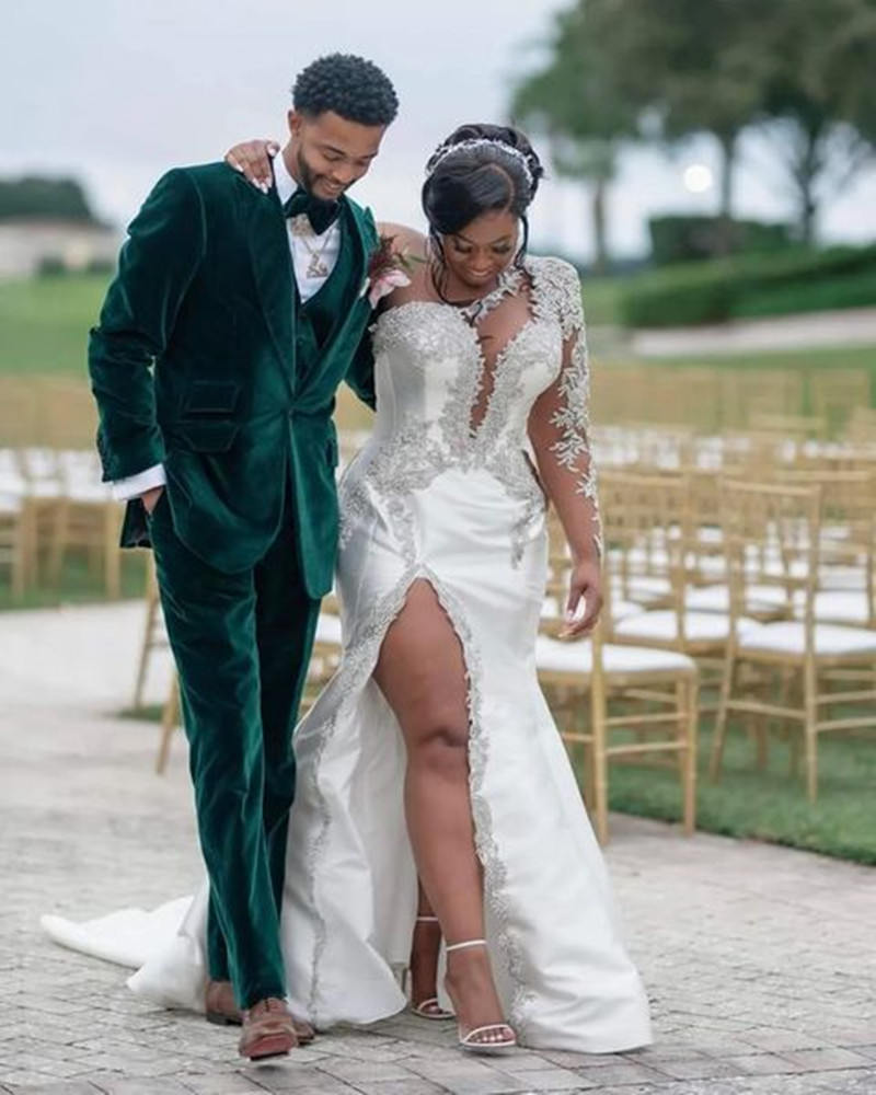 One Shoulder Long Sleeve Wedding Dresses with Detachable Train Sparkly Lace Beaded Arabic Aso Ebi High Slit Garden Beach civil Wedding Bridal Gown