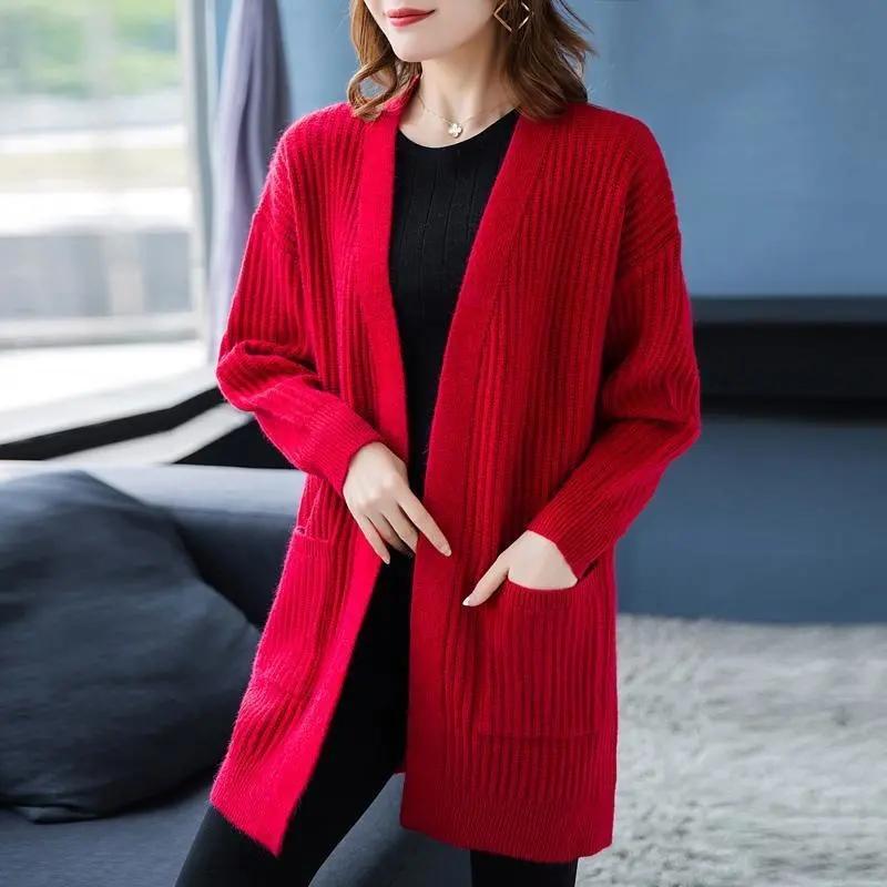 Women' Knits & Tees Autumn Women Vintage Sweater V Neck Solid Loose Knitwear Outerwear Knitted Cardigan Female Pocket Red Casual ClothingWo
Women' Knits & Tees Autumn Women Vintage Sweater V Neck Solid Loose Knitwear Outerwear Knitted Cardigan Female Pocket Red Casual ClothingWo
