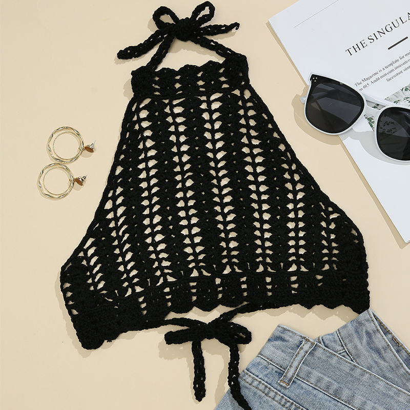 CC Sexy Crochet Bikini Top Ladies Boho Hollowed Lace Up Chest Wrapping Crop Beachwear Handmade Backless Beach Outfit Swimsuit 220611