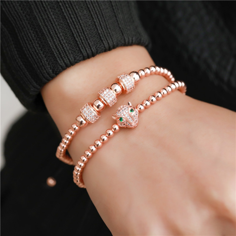 Factory Design CZ Leopard Head Charm Bracelet Colorful 4MM Copper Beads Strands Bracelets 2pcs/set