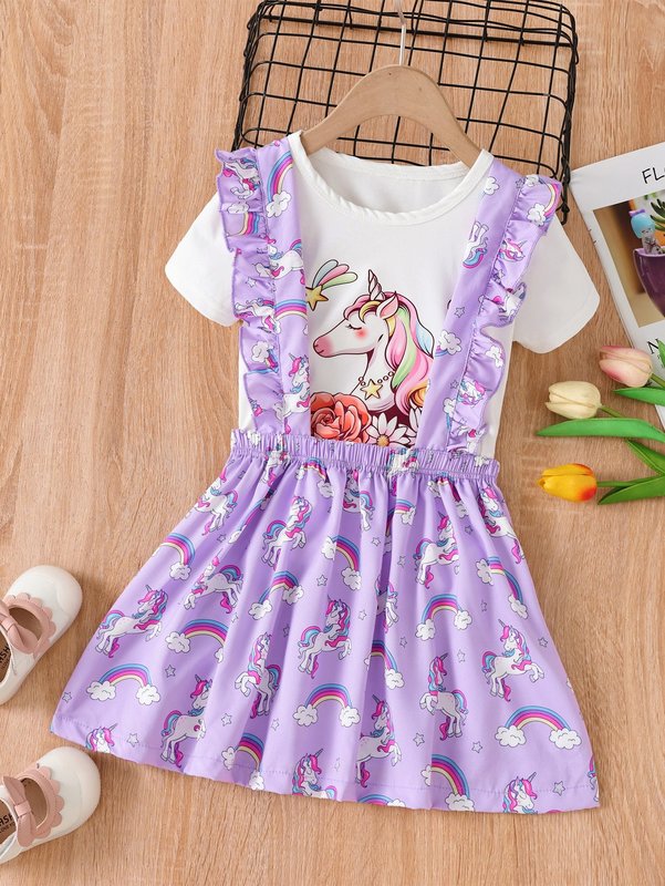 Toddler Girls Floral & Unicorn Print Tee & Ruffle Trim Pinafore Skirt SHE