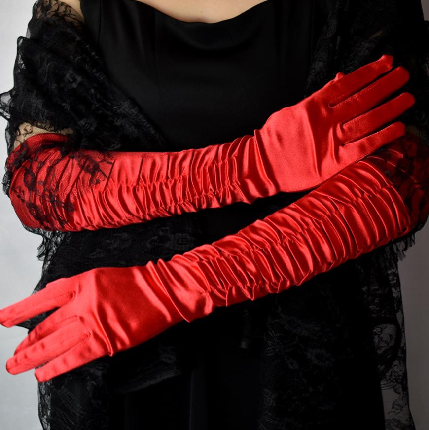 1920s Party Gloves for Women Long Satin Opera Glove Costume Accessories Shirred Elbow Finger Gloves Evening Cosplay Mittens Stage Props Black Red Whit