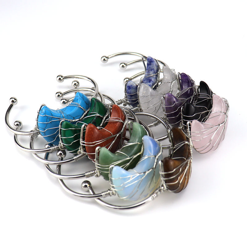 Wire Wrap Natural Stone Moon Tree of life Bracelet Amethyst Aventurine Pink Crystal Bangle Bracelets for Women Jewelry