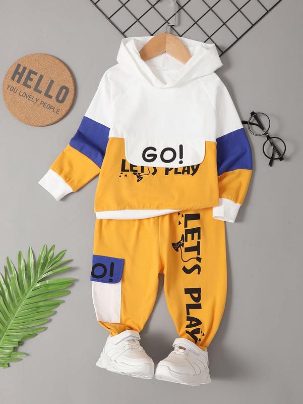 Toddler Boys Letter Graphic Colorblock Raglan Sleeve Hoodie & Sweatpants SHE