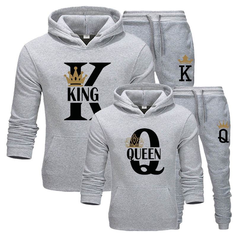 Fashion Lover Couple Sportwear Set KING QUEEN Printed Hooded Clothes 2PCS Set Hoodie and Pants Plus Size Hoodies Women 220708