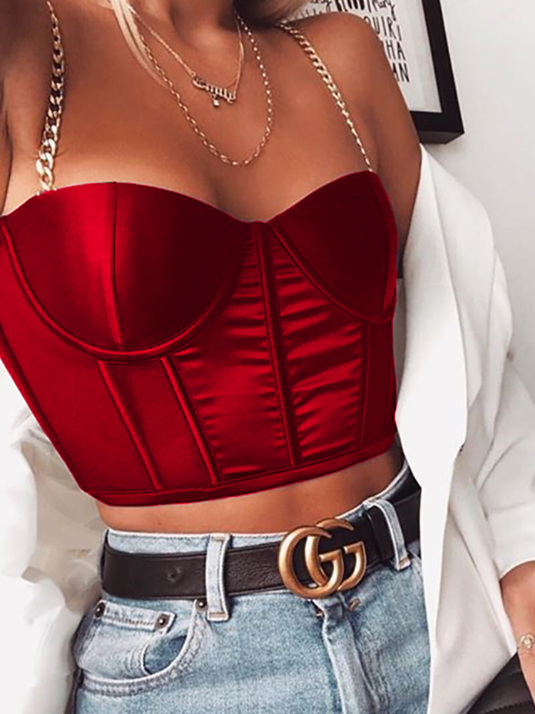 Asia Summer Crop Top Women Sexy Bustier Blackless Chain Strap Padded ped Casual Satin Black s Clothes 220325