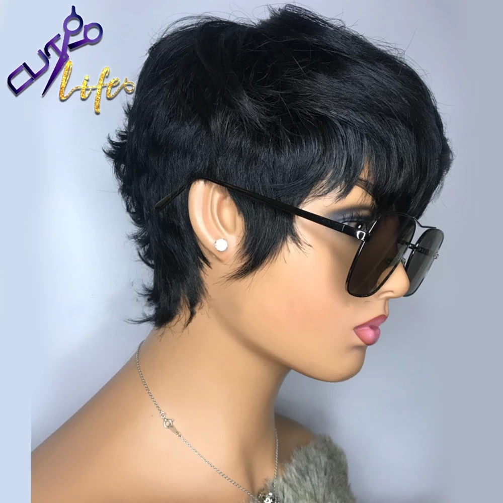 Short Pixie Cut Straight Bob Human Hair Wavy No Lace Brazilian Wigs With Bangs For Black Women