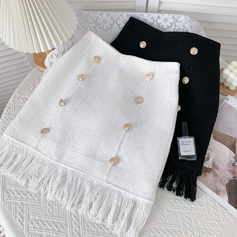 Tweed Skirts for Women Solid High Waist Slimming Skirts Autumn Spring Buttons Double Breasted Tweed Wool Mini Skirt 220711