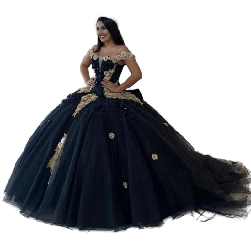 Vintage Black Ball Gown Quinceanera Dresses Vestidos De 15 Anos Glitter Sequins Lace Appliques Birthday Princess Party Gowns Bow Off The Shoulder Swee