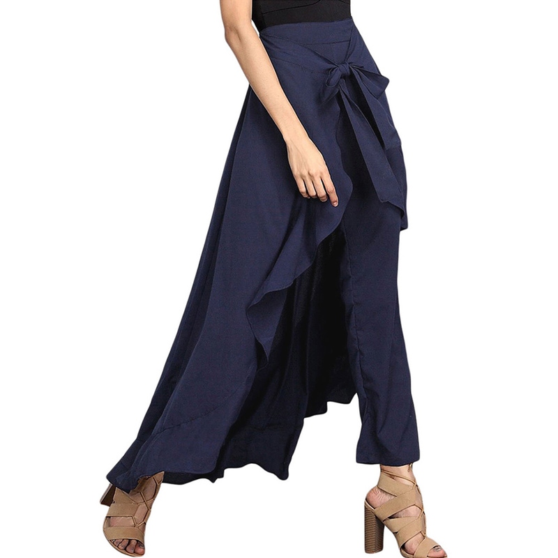 Women Pants Causal Ruffle Drawstring Trouser Elegant High Waist Irregular Loose Pure Color Autumn Female Pant Skirt 220325