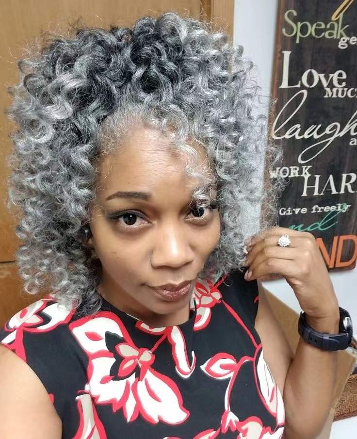 Natural hair ombre gray drawstring ponytail salt and pepper silver grey sprial curly medium length short high women blend hair extension 100g 120g div