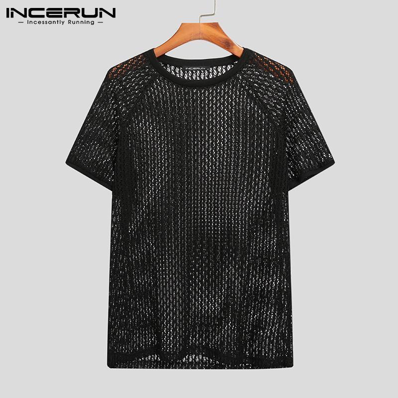 Men T Shirt Solid Color Hollow Out See Through Streetwear Short Sleeve O Neck Tops Vacation Casual Sexy Camisetas INCERUN 7 D220611