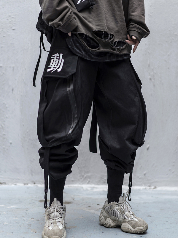 Japanese Streetwear Techwear Cargo Pants For Men Baggy Wide Leg Black Jogger 220330