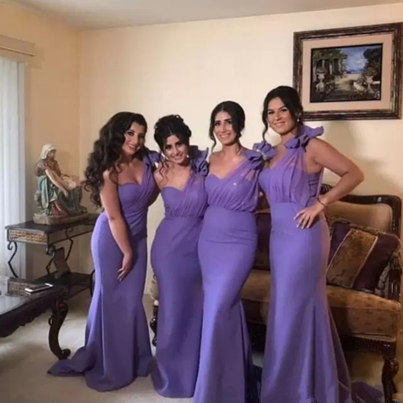 Stylish Lavender Mermaid Bridesmaid Dresses One Shoulder Beaded Trumpet Wedding Guest Dress Sweep Train Satin Maid Of Honor Gowns