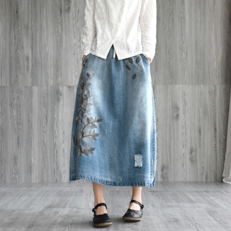 Johnature Casual Literary Embroidery Drawstring Denim Skirt Spring Summer Loose Wild aline Long Female Skirt Y200326, Light blue
Johnature Casual Literary Embroidery Drawstring Denim Skirt Spring Summer Loose Wild aline Long Female Skirt Y200326, Light blue