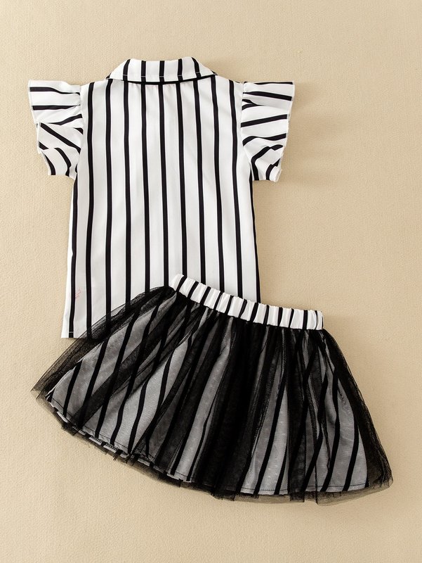 Toddler Girls Striped Ruffle Trim Bow Front Blouse & Mesh Overlay Skirt SHE