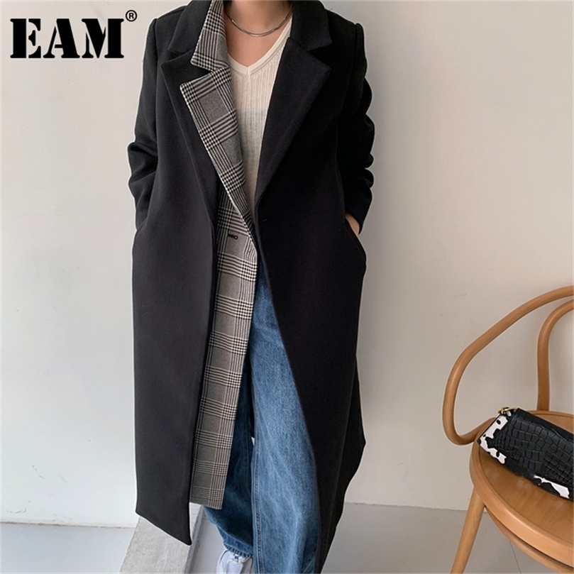 EAM Loose Fit Black Plaid Big Size Long Woolen Coat Parkas Long Sleeve Women Fashion Autumn Winter 1DD0741 201222