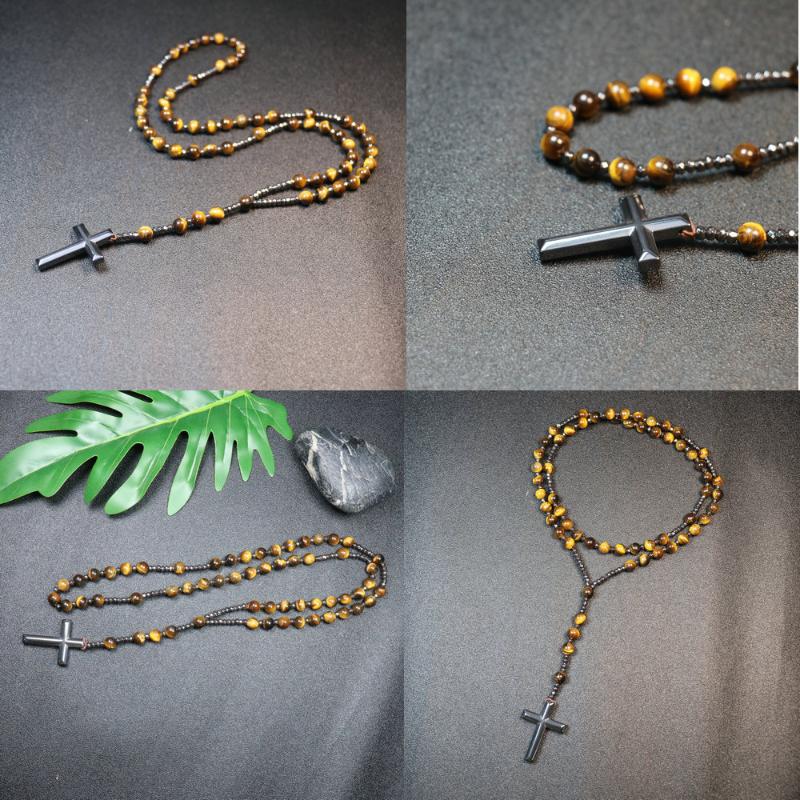 Pendant Necklaces Natural Tiger Eye Beaded Necklace For Women Men Catholic Christ Rosary Hematite Cross Male JewelryPendant