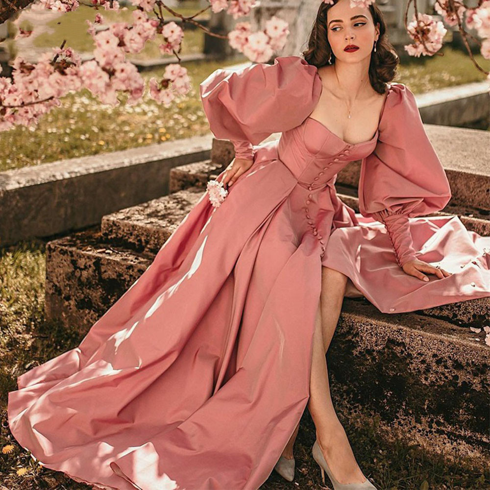 Pink A-line Prom V Neck Sequins Beads Buttons Appliques Long Sleeves High Waist Satin Front Split Applique Party Dress Sweep Train 0508