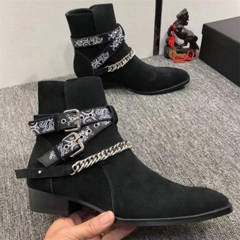 Men British Cowboy Boots Solid Color Faux Suede Low Heel Belt Chain Fashion Outdoor Men Shoes