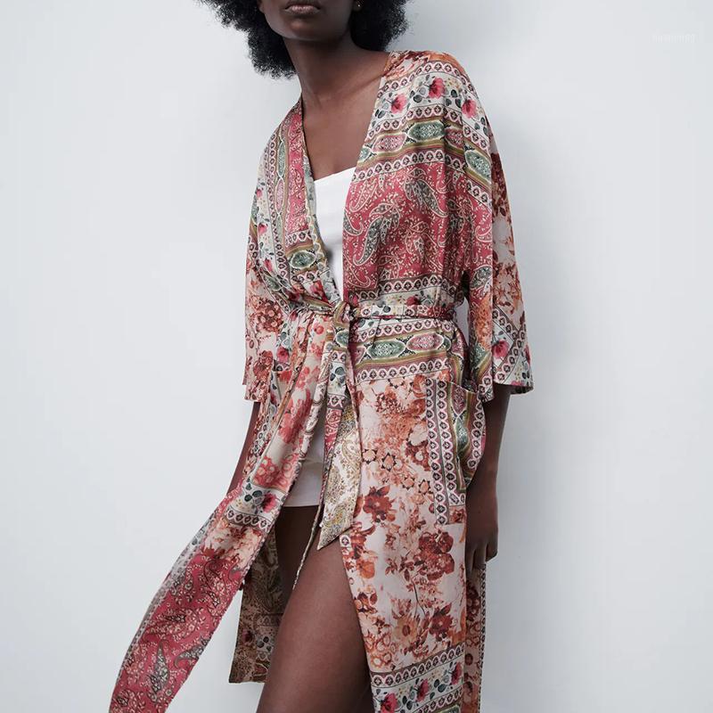 Women's Blouses & Shirts Summer Ladies Floral Print Kimono Retro Celebrity Style Shirt Mid-length Outer Wear Blouse, Brown