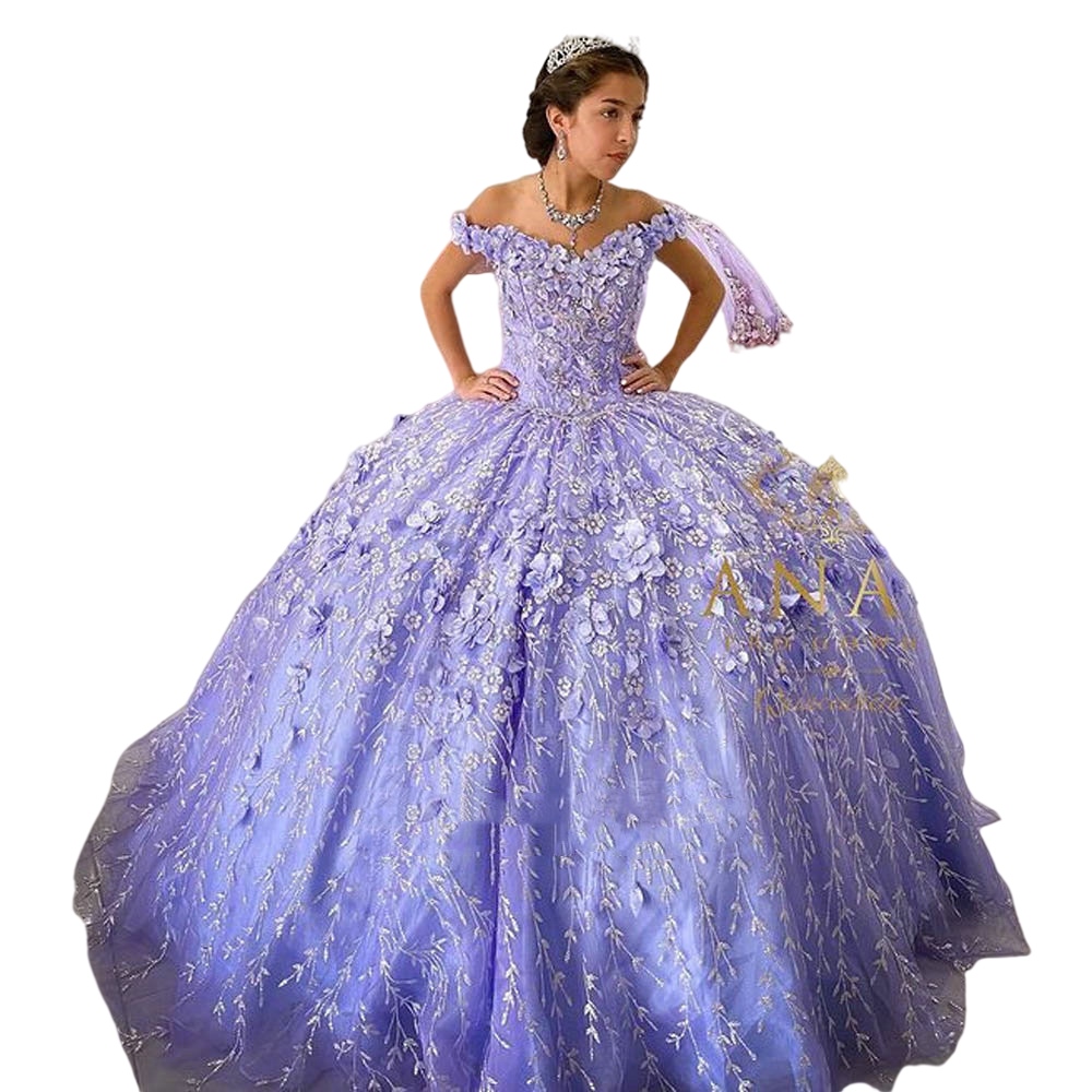 Lilac Lavender 3D Floral Quinceanera Dresses with cape Crystal Floral Lace-up corset Off Shoulder prom Party Sweet 16 Dress