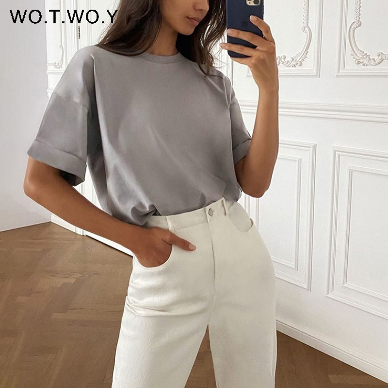 WOTWOY Summer Oversize Short Sleeve T-Shirt Women Casual Basic Tee Shirt O-neck Cotton Black White Harajuku Tops Female 220328