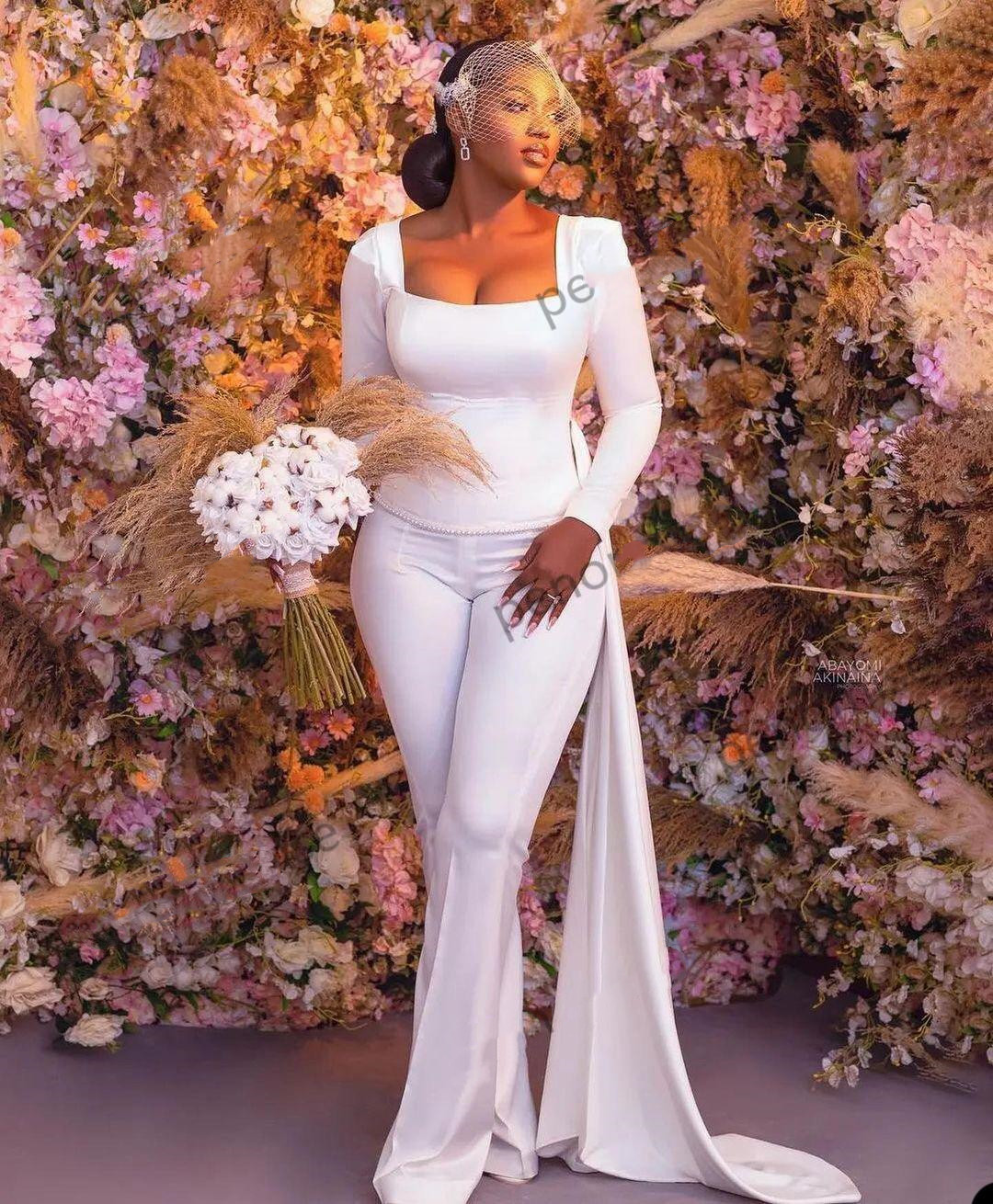 Boho Beach Bride Pant Suit Wedding Dresses Solid Bridal Gowns Satin Long Sleeved Over Skirt vestido de novia 2022