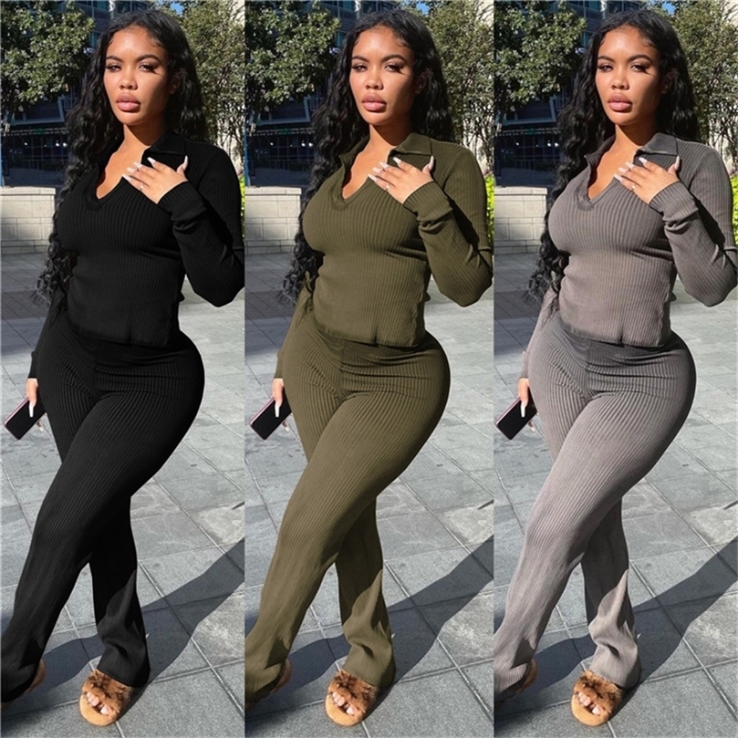 Solid Knit Ribbed Two Piece Sets Women Winter Clothes Warm Long Sleeve Top and Wide Leg Pants Matching Sets Outfits Loungewear 220817