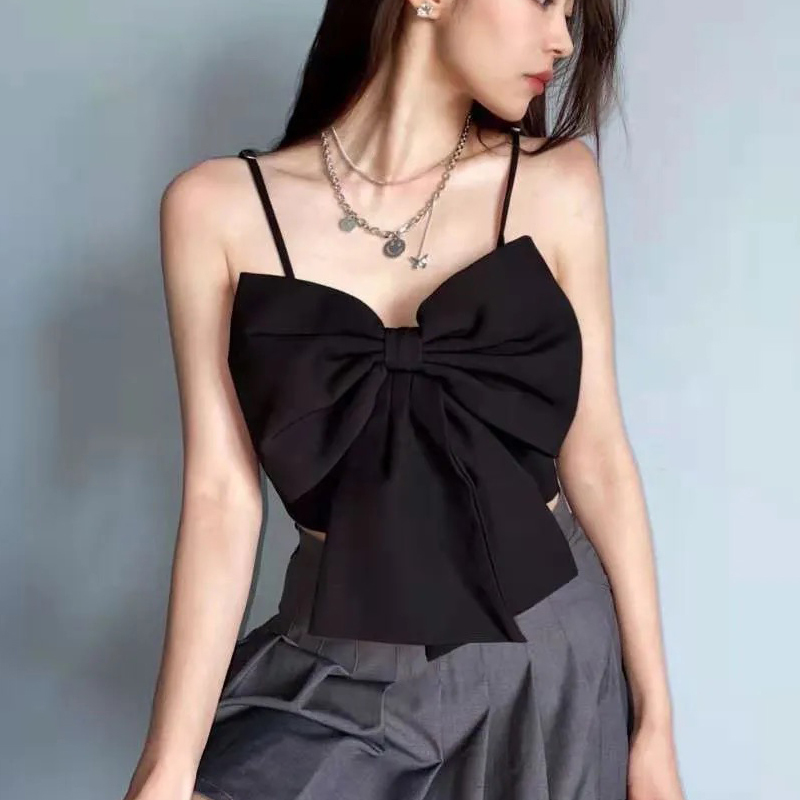 Sexy Patchwork Bow Women Vest Square Collar Sleeveless Spaghetti Strap Slim Tunic Tank Tops Female Clothes 220325