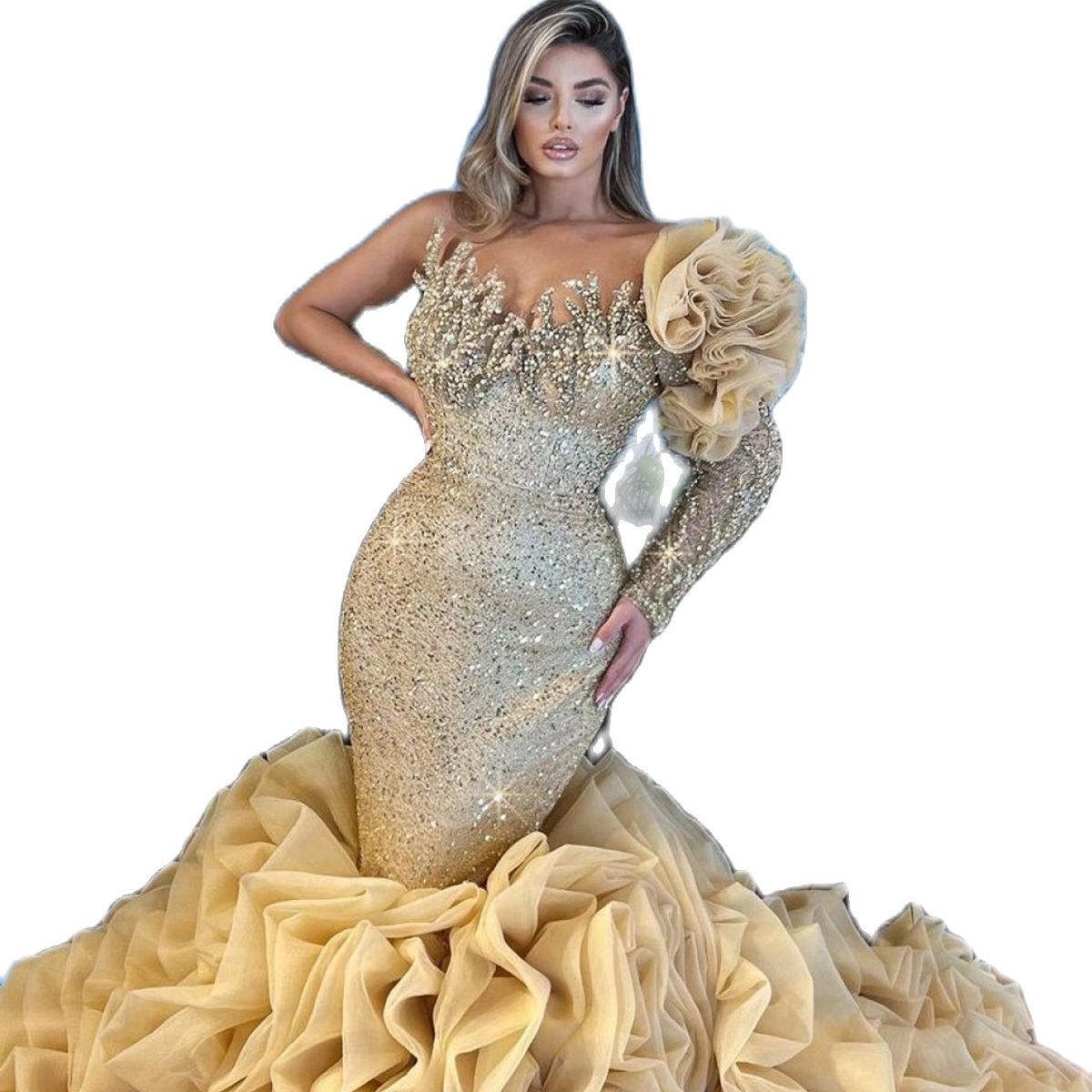 Luxurious Beads Mermaid Evening Dresses One Shoulder Tiered Ruched African Dubai Crystal Prom Dress Formal Party Gowns