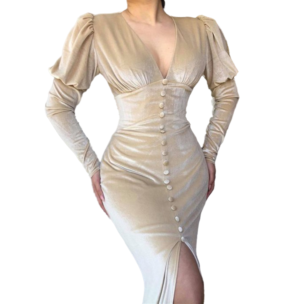 Elegant Champagne Velvet Mermaid Prom Dresses Slim Fit Long Sleeves V-Neck Front Split Modern Evening Gowns 2024 Fall Winter Special Occasion Party Ou